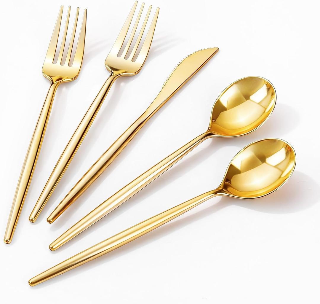 Rubtlamp 90Pcs Gold Plastic Silverware, Gold Disposable Utensils, Plastic Cutlery Include 30 Plastic Knives, 60 Forks and Spoons, Fancy Plastic Silverware Heavy Duty for Party