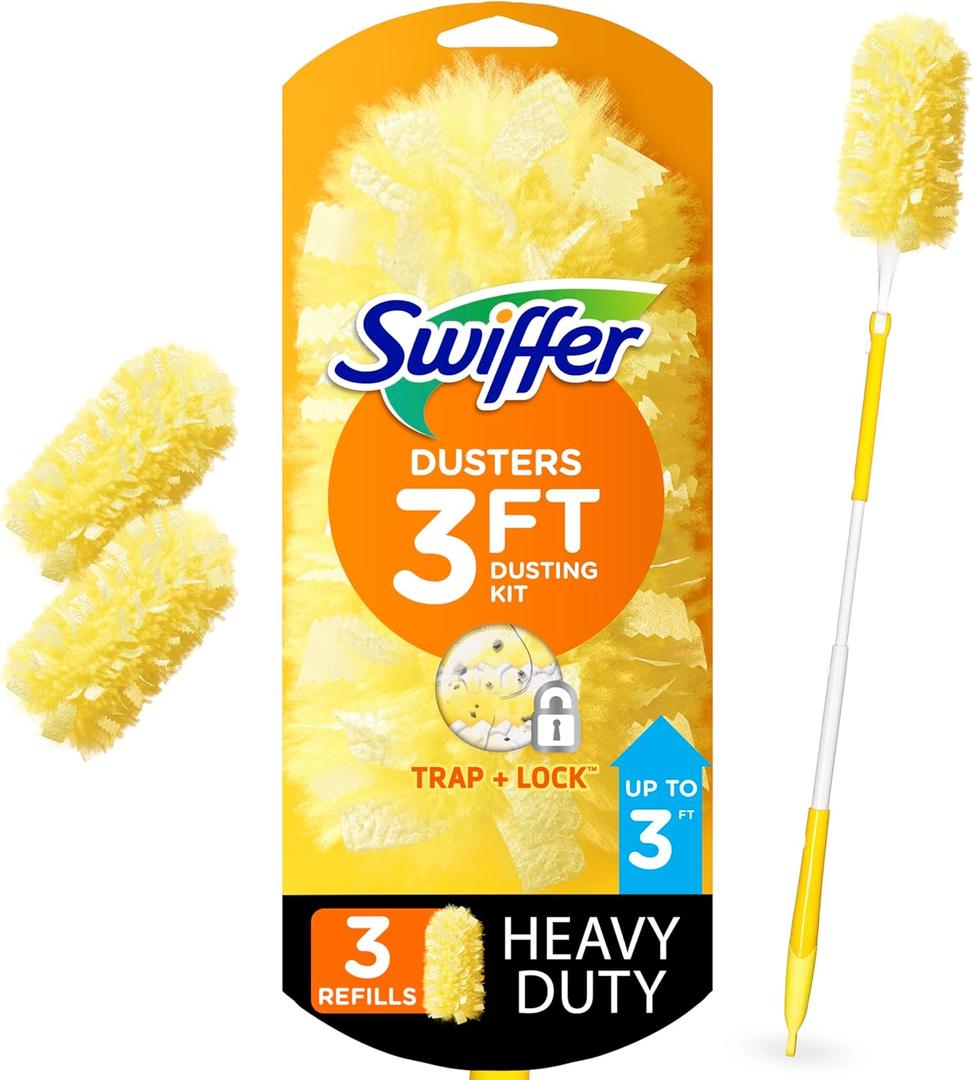 Swiffer Duster Heavy Duty 3 ft Extendable Handle Starter Kit with 3 Refills (4 Piece Set)