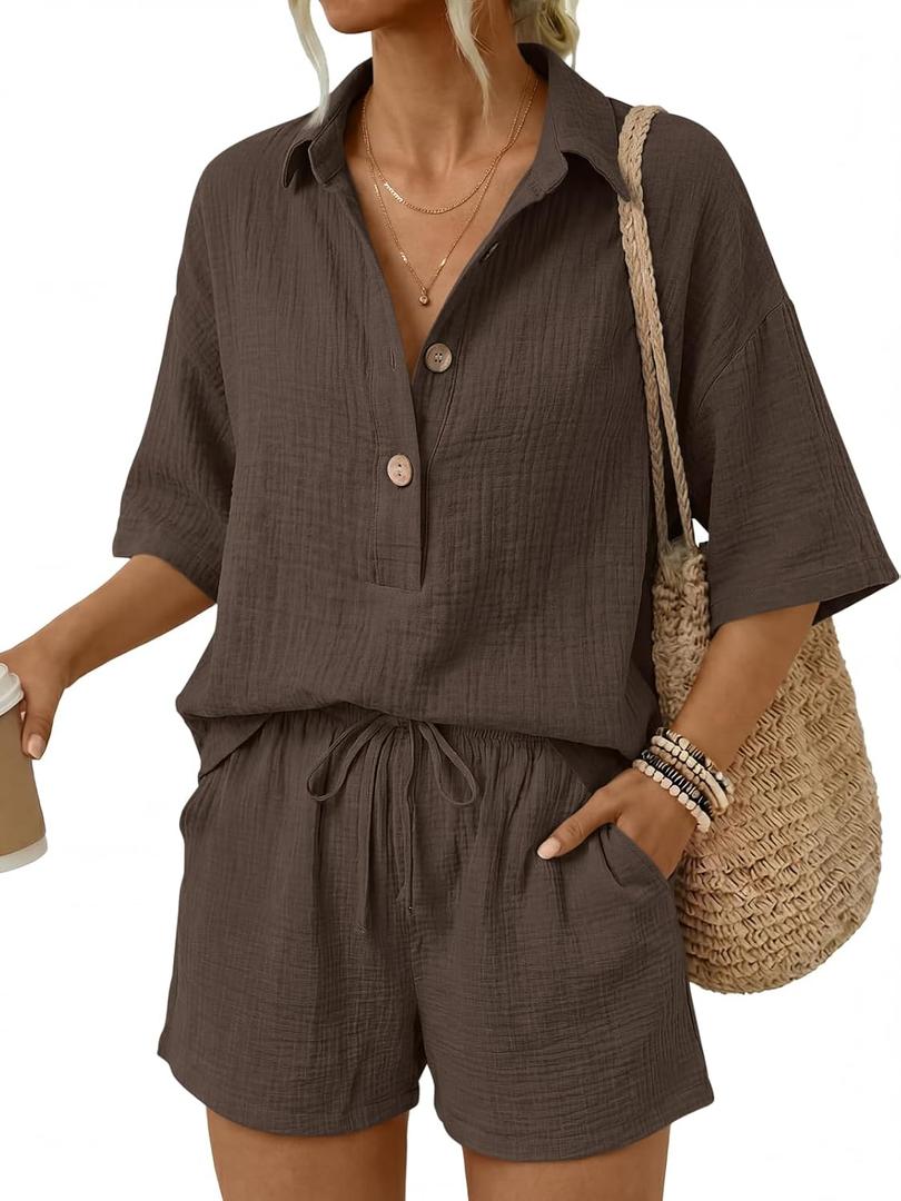 LILLUSORY Women 2 Piece Linen Short Sets 2026 Summer Vacation V Neck Short Sleeve Beach Outfits Oversized Button Cotton Pjs (Brown, L)