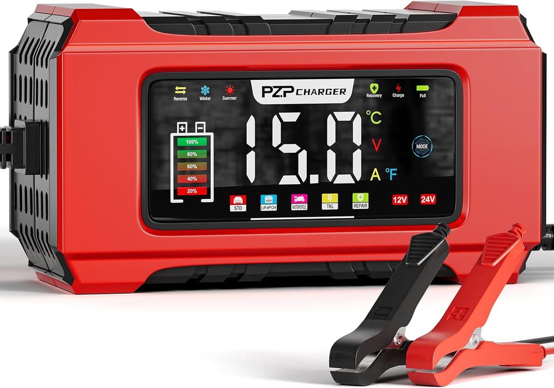 PZP 15-Amp 12V/24V Smart Battery Charger, Maintainer & Trickle Charger for LiFePO4, Lead Acid Batteries - Fully Automatic 9-Stage Charging w/Temp Compensation for Motorcycle Car Truck Lawnmower Boat, Red