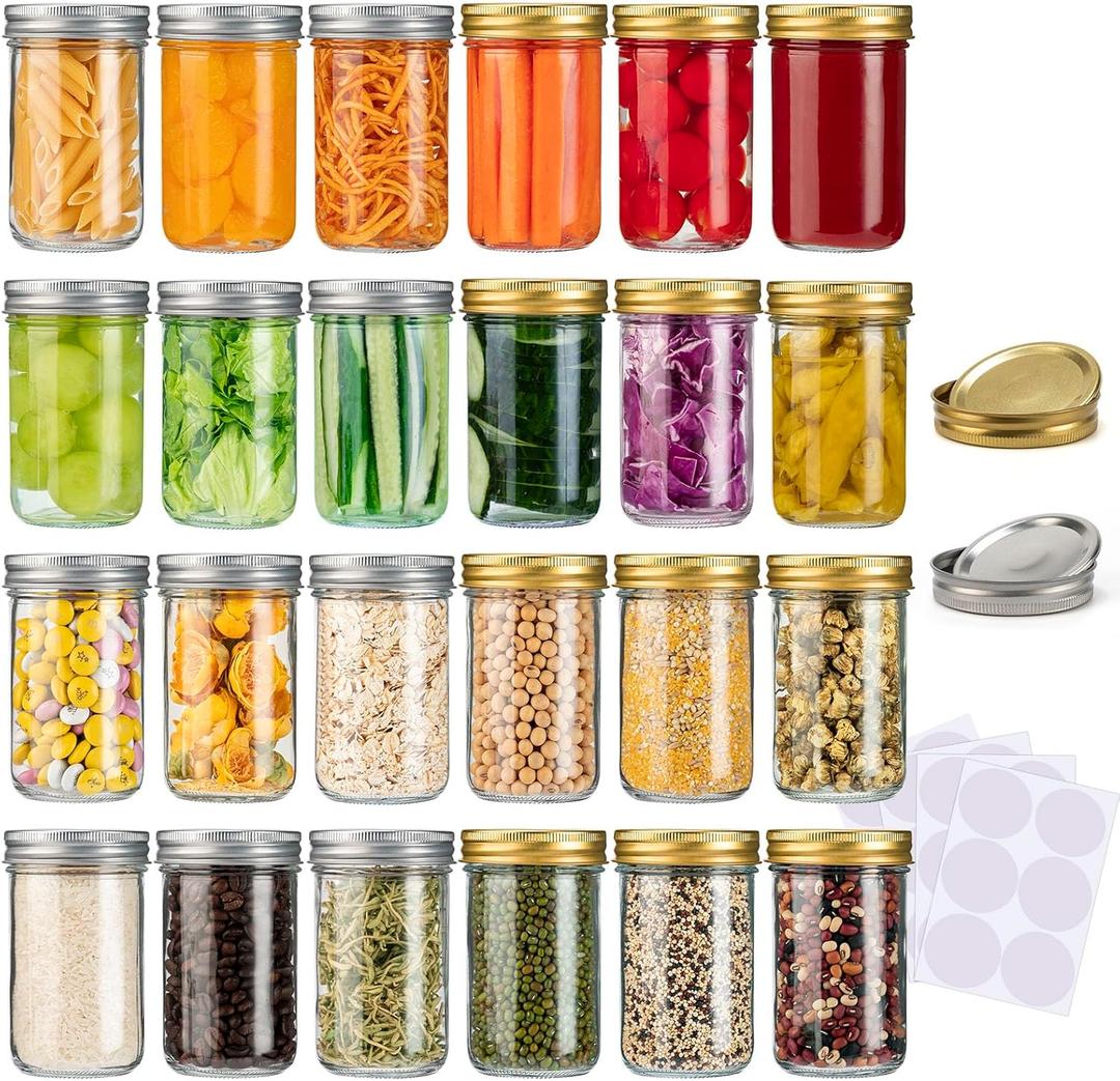 SPANLA Mason Jars 8 Oz, 24 Pack Canning Jars 8 Oz Jelly Jars With Regular Lids and Bands, Half Pint Glass Jars Ideal for Jam, Honey, Wedding Favors, Shower Favors