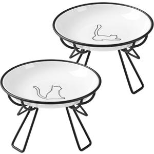 Ceramic Elevated Cat Bowls - Whisker Friendly, Anti-Vomiting, Stylish & Hygienic Cat Bowl Set (Line Cat, 2 Pack)