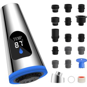 Hibbent Pull Down Kitchen Faucet Head Replacement, 4 Function LED Temperature Display Sink Spray Nozzle with 15 Adapters, Compatible with Moen, American Standard, Delta, Kohler Faucets, Chrome