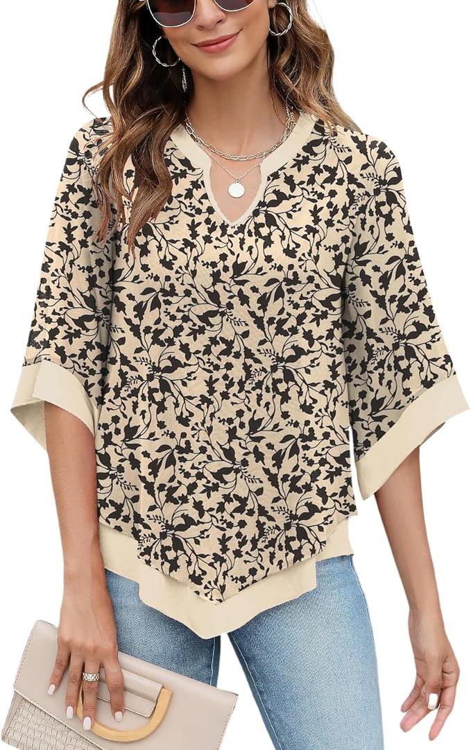 Micoson Womens 3/4 Sleeve Chiffon Blouses V Neck Double Layers Mesh Shirts Flowy Dressy Tunic Tops (XL)