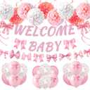 Welcome Home Baby Girl Banner - 35 Pcs Pink Bow Baby Shower Decorations Balloons Banner Garland Swirls Paper Pom Pom For Welcome Baby Gender Reveal Party Decor