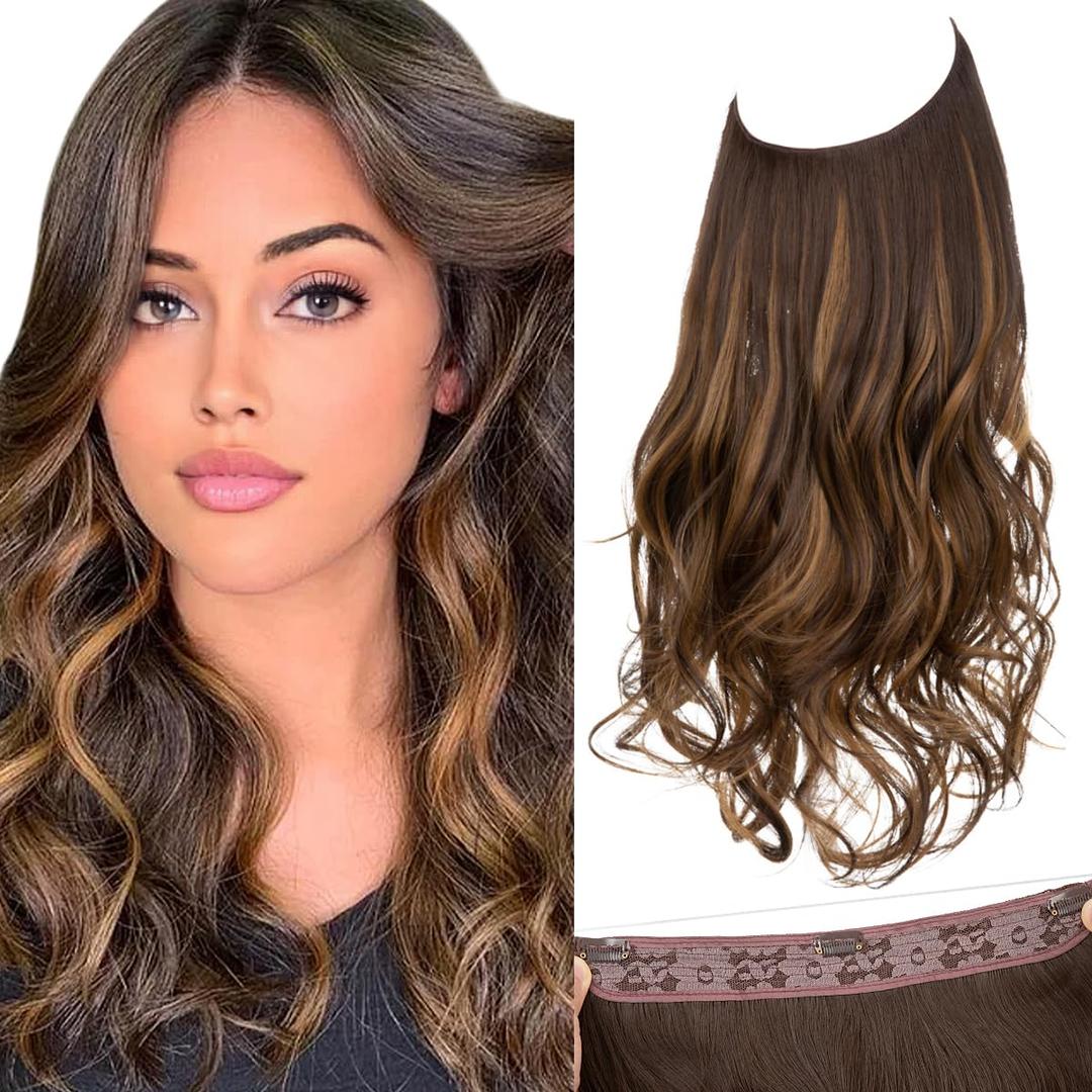 SARLA Invisible Wire Hair Extensions with 3 Clips Short Synthetic Wavy Curly Hairpiece Adjustable Transparent Headband for Women 14 Inch Dark Brown/Golden Blonde Highlights
