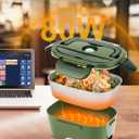 80W Electric Lunch Box for Adults, 1.5L Stainless Steel Food Warmer Lunchbox, 12V/24V/110V Portable Heated Lunch Box for Car/Truck/Office, Leak-Proof, Dishwasher-Safe with Insulated Bag(Green)