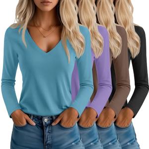 Neer 4 Pack Women's T-Shirts V Neck Long Sleeve Casual Tops Loose Fit Layering Shirts Straight Hem Plain Tees (M)