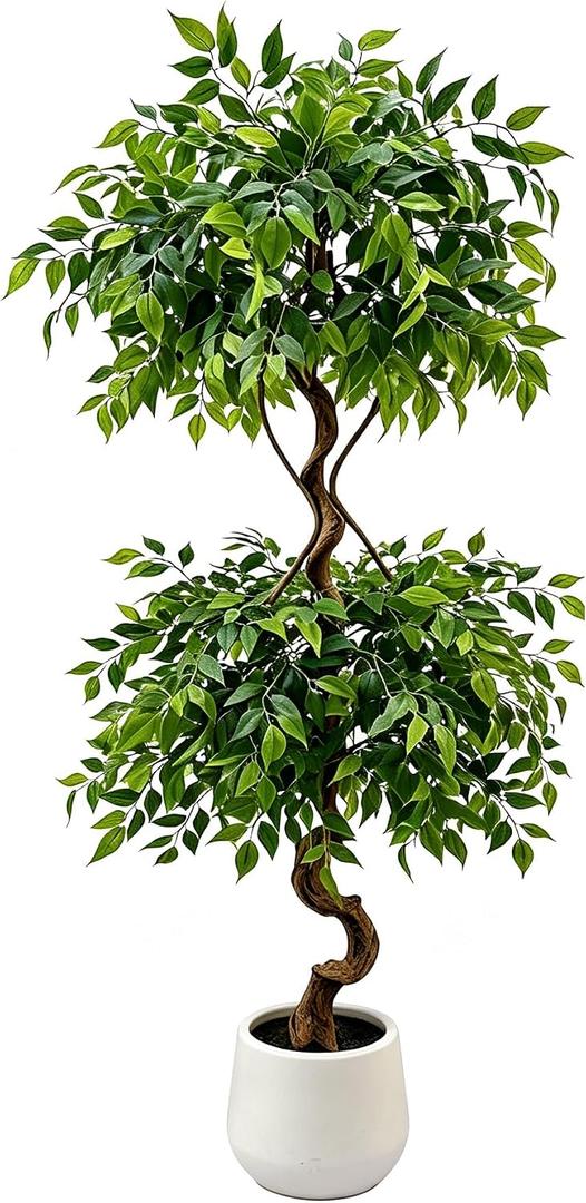 6FT Artificial Ficus Tree Faux Plants Indoor with White Pot | Lifelike Dense Leaves, Easy Snap-fit Assembly, No Watering, No Pruning, Faux Ficus Trees for Living Room Office