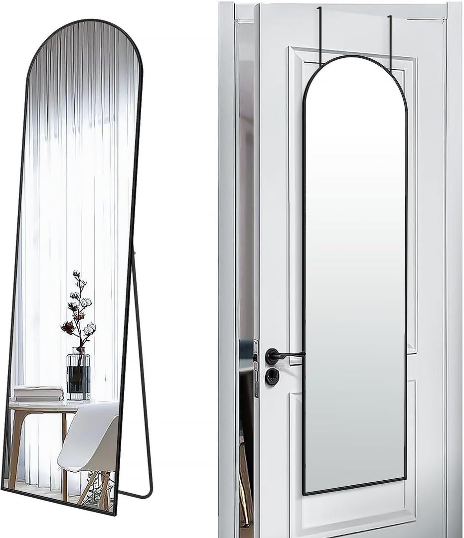 57x16 Door Hanging Full Length Mirror, Floor Stand (Height 5.7ft just Body in1.3ft) / Wall Mounted Metal Frame Arch Dressing Mirrors for Bedroom Living Room 57 inch Black