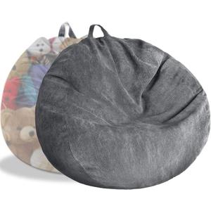 Stuffed Animal Storage Bean Bag Chair Cover (No Filler) Washable Ultra Soft Corduroy Bean Bag Cover for Organizing Plush Toys or Textile, Sack Bean Bag for Adults, Teens (Dark Gray)