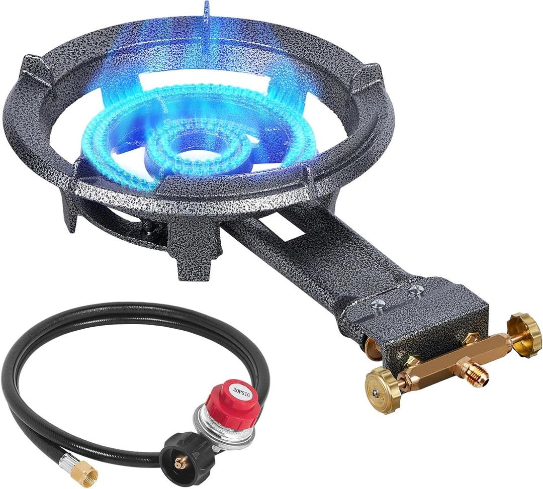 Bestfire 13" Single Propane Burner Stove 90,000 BTU Cast Iron Portable Outdoor Burner with 0-20 PSI Adjustable Regulator and Stainless Steel Hose Perfect for Outdoor Wok Cooking