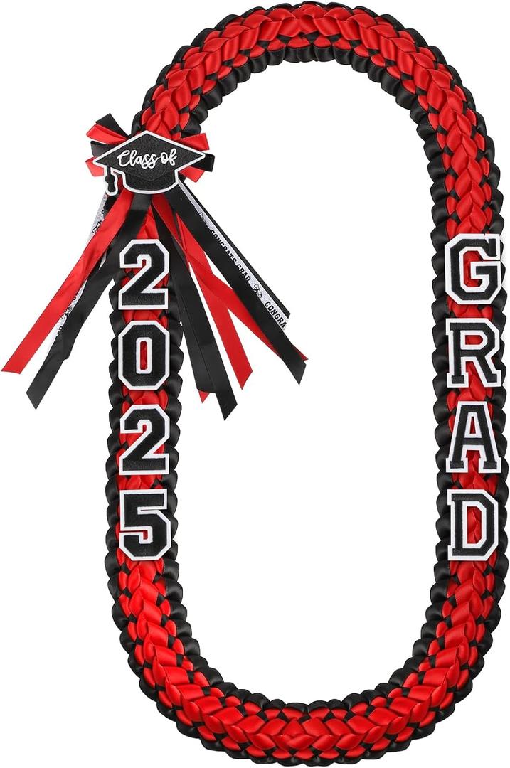 Hedeey Graduation Leis 2025 Graduation Ribbon Leis Necklace Handmade Double Braided Ribbon Garland Graduation Gift Party Accessories for Women Men (Red)