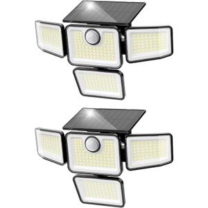 3000LM Solar Lights Outdoor, 4 Adjustable Heads Motion Sensor Security Light, 3 Modes, 6500K, IP65 Waterproof Solar Wall Flood Lights for Garden, Outside, Backyard, 2 Pack