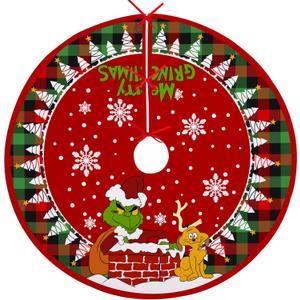 Merry Christmas Tree Skirt 48 Inches, Xmas Large Lace-up Red Green Buffalo Plaid Check Tree Skirt, Santa Max Snowflakes Rustic Home Decorations New Year Holiday Party Farmhouse Decor