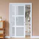 EaseLife 48x80 in (Double 25in) Bypass Sliding Closet Doors for Bedroom, 3-Lite Frosted Glass Sliding Door with Hardware Track Kit & Floor Guide, Preassembled Door Panel, MDF White Barn Doors
