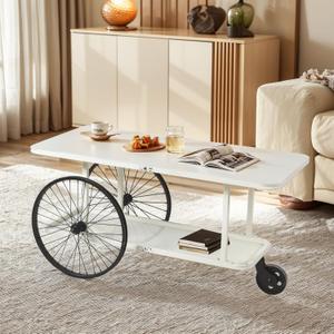 Topower Farmhouse Double Layer Iron Cart Center Table, Industrial Style Coffee Table with Wheels for Living Room, Bedroom, Coffee Shop, Antique White