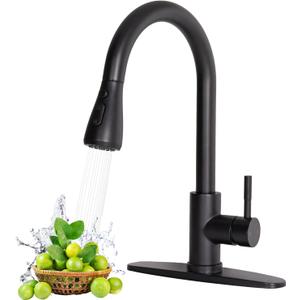 Black Kitchen Faucet, Single Handle Matte Black Kitchen Faucets with Pull Down Sprayer, Stainless Steel Suitable for 1 or 3 Hole Sinks for Farmhouse, RV, Laundry, Bar, HT-KYT010B-D, HT-KYT010B-D-new