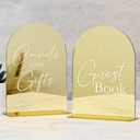 Set of 2 Gold Acrylic Wedding Signs, 5"x7" Gold Mirror Arch Acrylic Table Sign and Base, Modern Font TableTop Reception Sign for Wedding & Party Event (Golden, 5 x7 Inch)