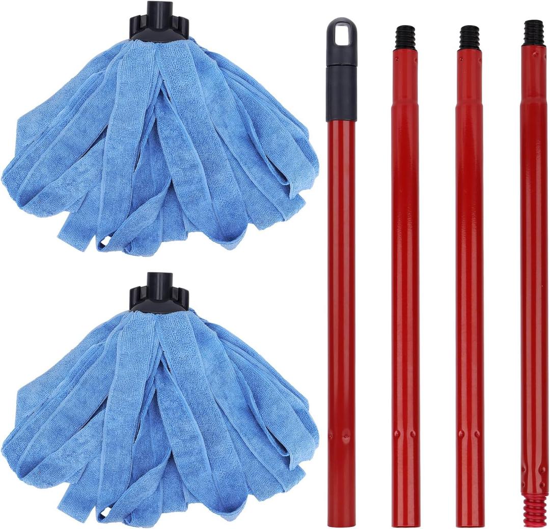 Microfiber Mop Cloth Heads Replacements: One Mop Handle with Two Blue Microfiber Cloth Heads Compatible with All Standard US Threading Pole