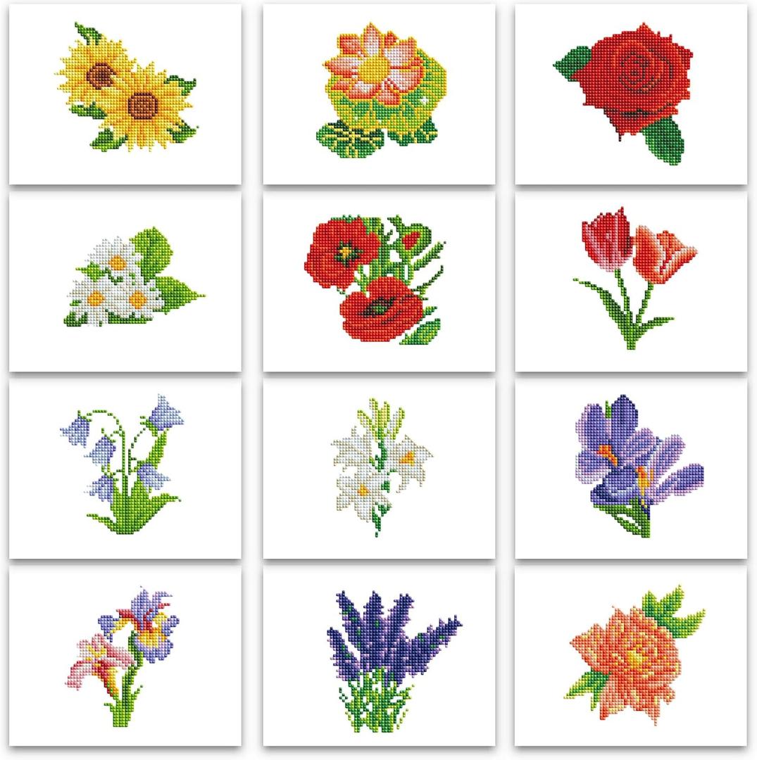 PeakLuv 12 Pcs Small Diamond Art Kits Diamond Painting Kits, Flowers Mini Diamond Art Kits for Adults, DIY Square Drill Flower Mini Gem Painting 1-Hour Painting for Home Desktop Decor, 7X6in