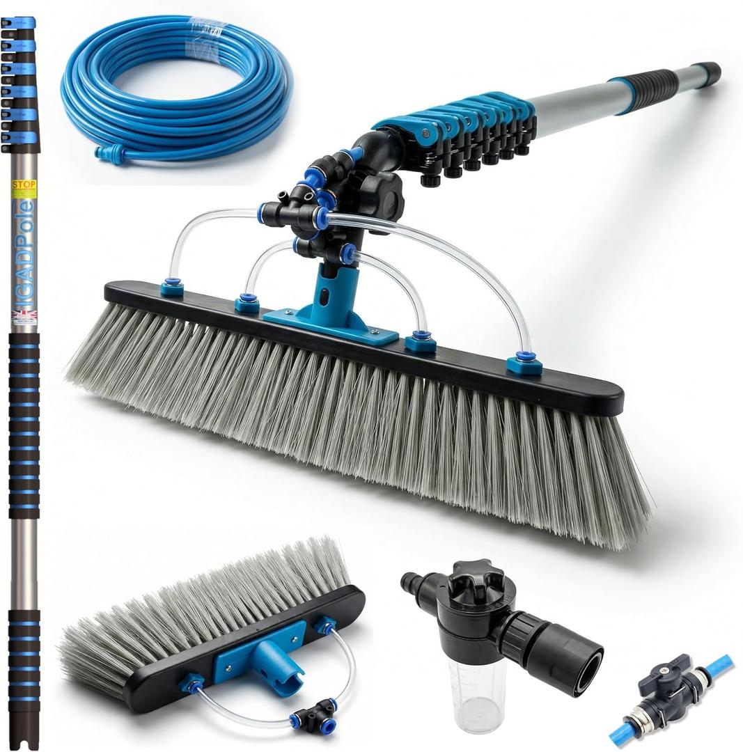 IGAD Solar Panel and Window Cleaning Kit with 18ft Extendable Pole, 2 Water Fed Brushes, 33ft Hose, Blue, 16 Inches, Nylon, Aluminum