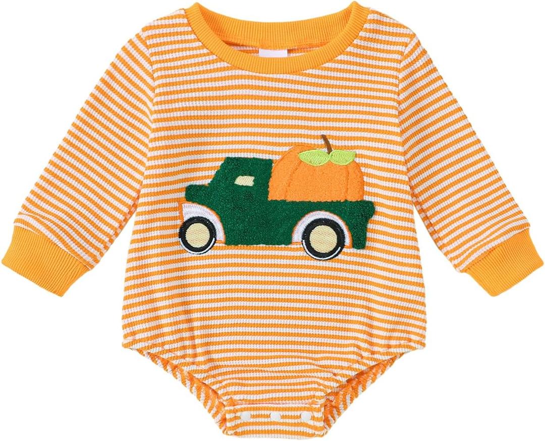 Noubeau Newborn Baby Boy Thanksgiving Bubble Romper Christmas Stripe Truck Bodysuit Pullover Playsuit Holiday Clothes (Orange)
