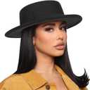 Pork-Pie-Fedora-Hat Wide Brim Felt Flat-Top-Boater Hat for Men Women(Size:M) (Black With Band)