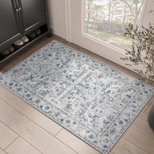 jinchan 2x3 Entryway Washable Rug - Non-Slip Indoor Distressed Doormat Small Rug Low Pile Ultra-Thin Accent Floral Print Indoor Mat for Entrance Kitchen Bathroom Bedroom (2x3ft,Blue)