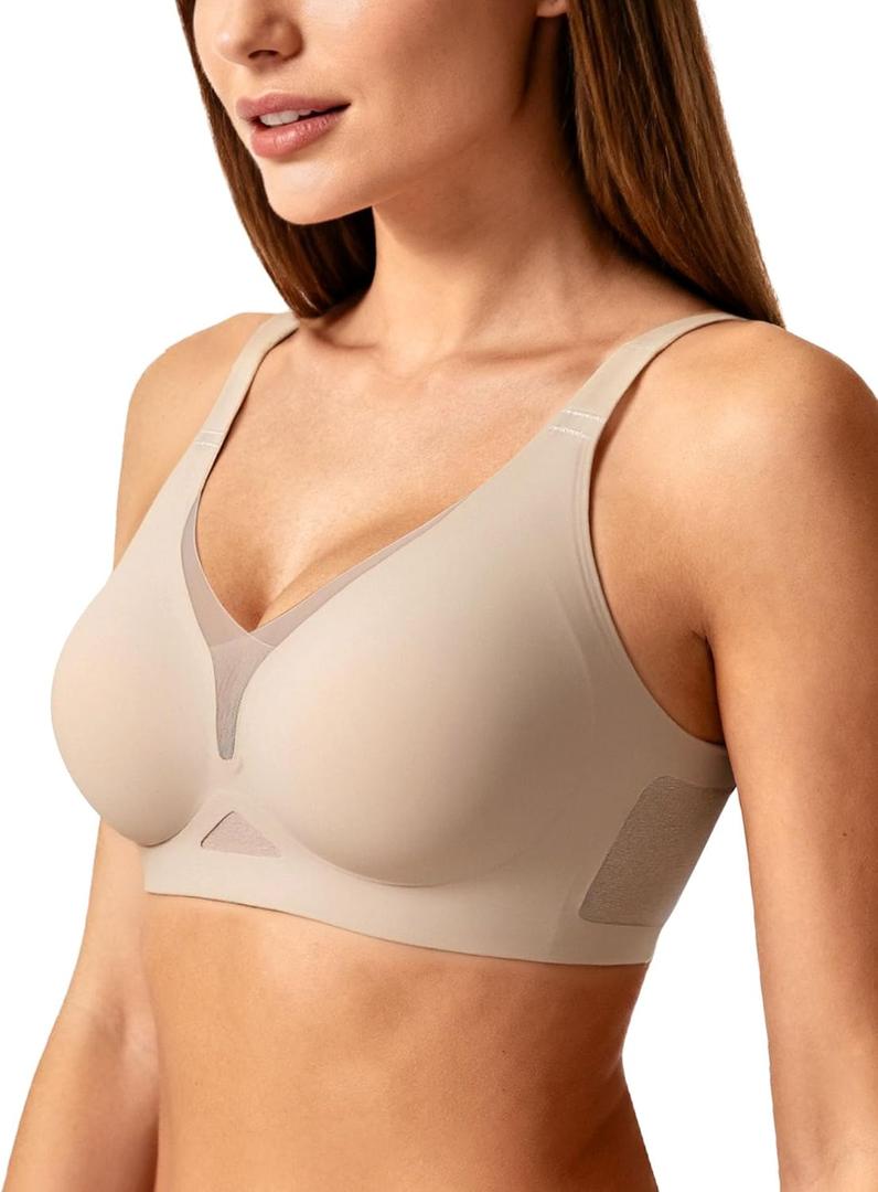 As Fairy Womens Sexy Deep V Mesh Wireless Bra Seamless Bralettes, Soft Support Breathable Comfort Daily Wear Brassiere (34DD, Beige)