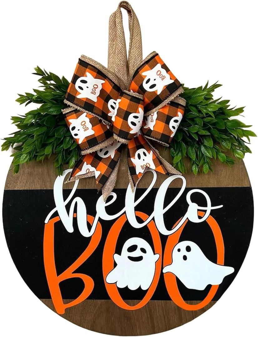 Halloween Ghost Wreath, Wooden Halloween Ghost Door Sign Wreath Decorations for Front Door Hanger
