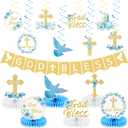 15Pcs Blue Baptism Decorations God Bless Banners First Communion Hanging Swirls Honeycomb Religious Christening Table Centerpieces for Shower Gold First Holy Communion Party Supplies Favors