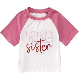 MODNTOGA Toddler Girl Big Sister Graphic Shirt Promoted to Big Sis Crewneck T-Shirt Sister Embroidery Print Raglan Sleeve Top (Dark Pink, 2-3 Years)