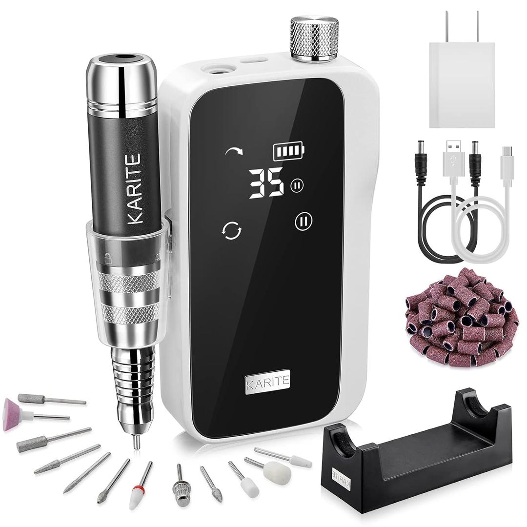 Karite Professional Nail Drill Machine for Acrylic Nails, 35000 RPM Electric Nail File with 13 Bits, 30 Sanding Bands  USB Rechargeable, Portable Electronic Nail Filer for Home Salon Manicure Tools (Pearl White)