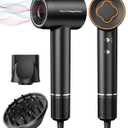 Hair Dryer, 150000 RPM High-Speed Brushless Motor Negative Ionic Blow Dryer for Fast Drying, Low Noise Thermo-Control Hair-Dryer-with-Diffuser and Nozzle (Black)