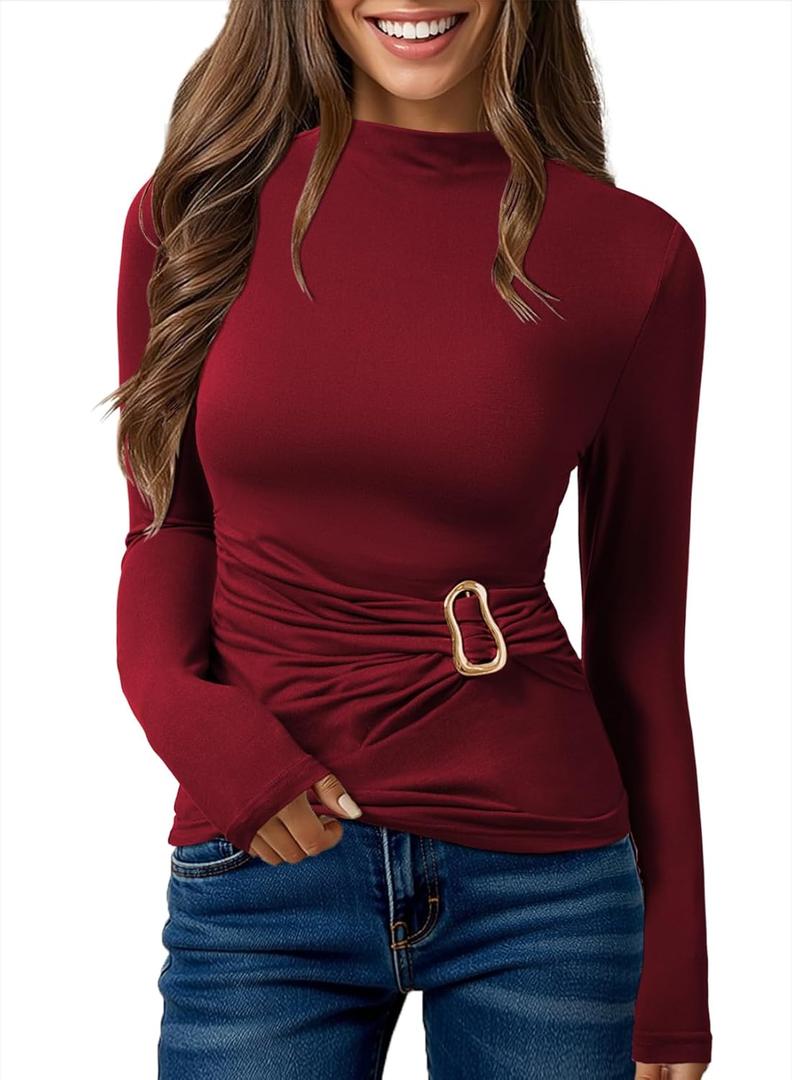 Pink Queen Women's 2025 Fall Long Sleeve Shirts Mock Neck Button Decor Ruched Slim Fit Going Out Tops (Burgundy), S