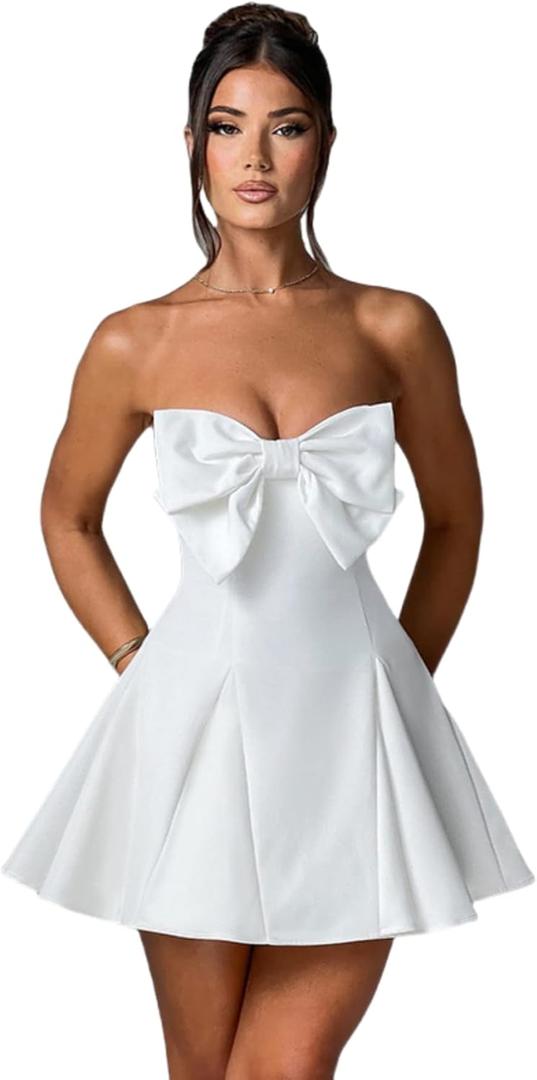 JUMISEE Women's Elegant Bow Strapless Homecoming Dress A Line Swing Tube Mini Dress Short Evening Party Prom Dress (White), L