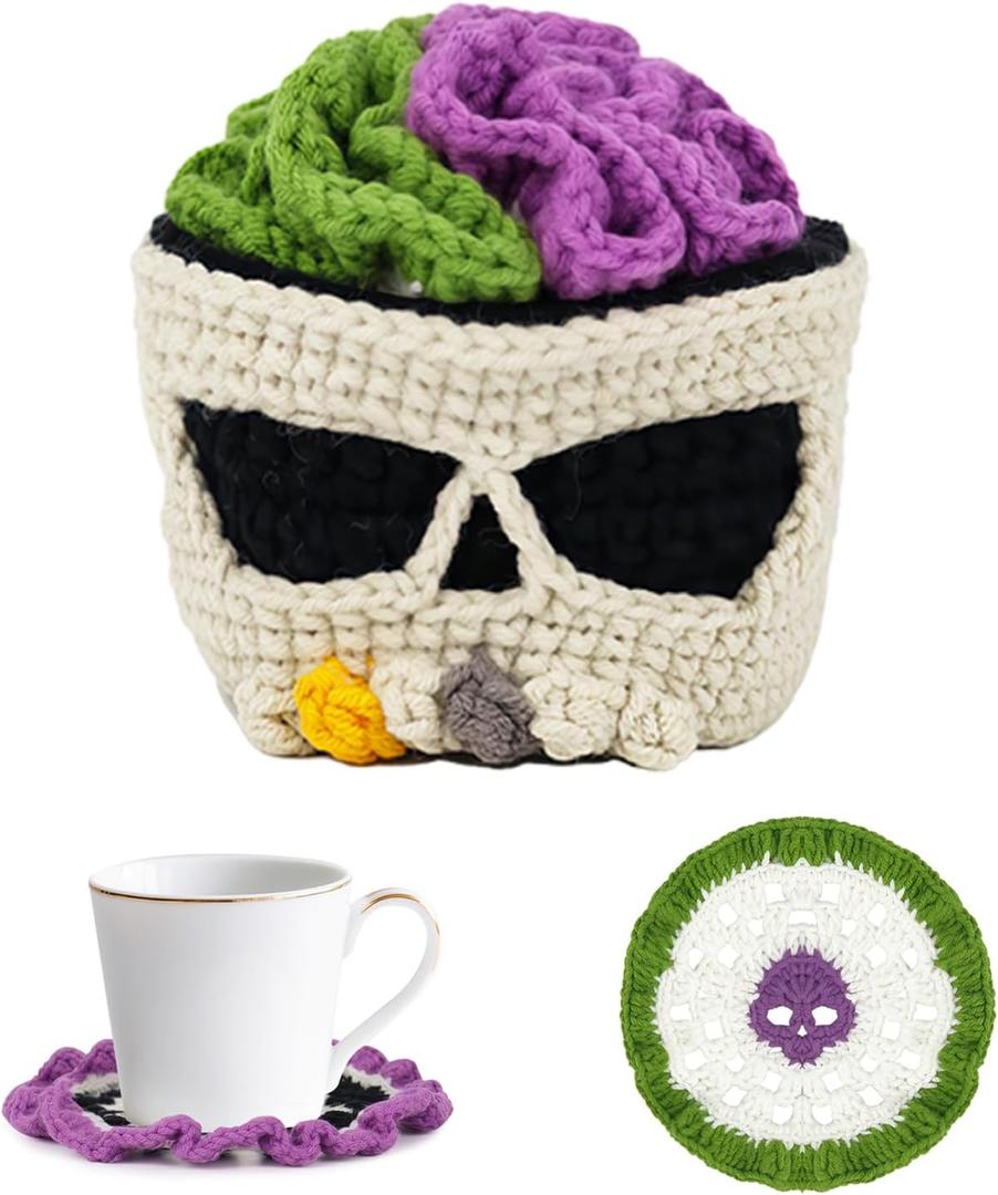 2PCS Halloween Coasters with Holder for Gothic Decor, Handmade Woven Crochet Skull Coasters for Drinks Cup, Unique Coaster for Horror Halloween Party Kitchen Office Coffee Table Decor (Purple&Green)