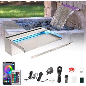 PONDO Pool Waterfall 12" APP with 16 Colors LED Lights, Stainless Steel Pond Fountain Set for Outdoor Decorations, Patio Waterfall Spillway Kit on The Wall for Garden, Easy Installation (Sliver)