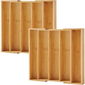 Purawood Kitchen Drawer Organizer, 2 Pack - Expandable Utensil Drawer Organizer for Kitchen, Cutlery Tray & Silverware Organizer, 3-5 Slots - Bamboo Organizer for Utensils & Flatware (Natural)