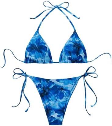 BEAUDRM Women's 2 Piece Bikini Set Bathing Suit Floral Tie Halter Triangle High Cut Thong Ring Swimsuit Size Small
