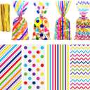Aneco 100 Pack Rainbow Cellophane Bags 10.6 x 5.1 Inch Plastic Candy Bags Gift Bags Goodie Bags with Twist Ties for Valentine, Birthday, Gift Cookie Snack Packing Party Favor Supplies
