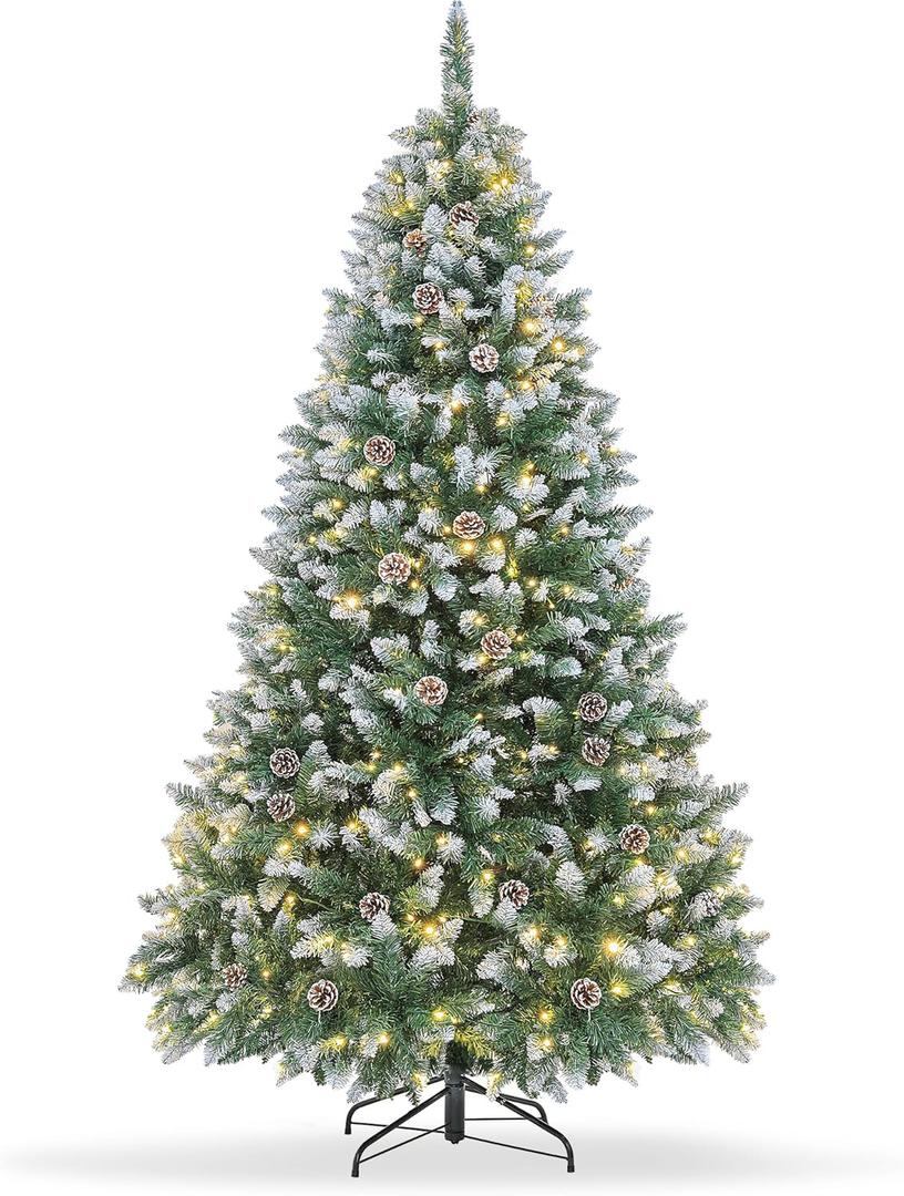 7.5FT Pre-Decorated Holiday Christmas Tree for Home, Office, Party Decoration, Partially Flocked Design, Pine Cones, Metal Hinges & Base - Green/White (Regular Warm, 7.5FT)
