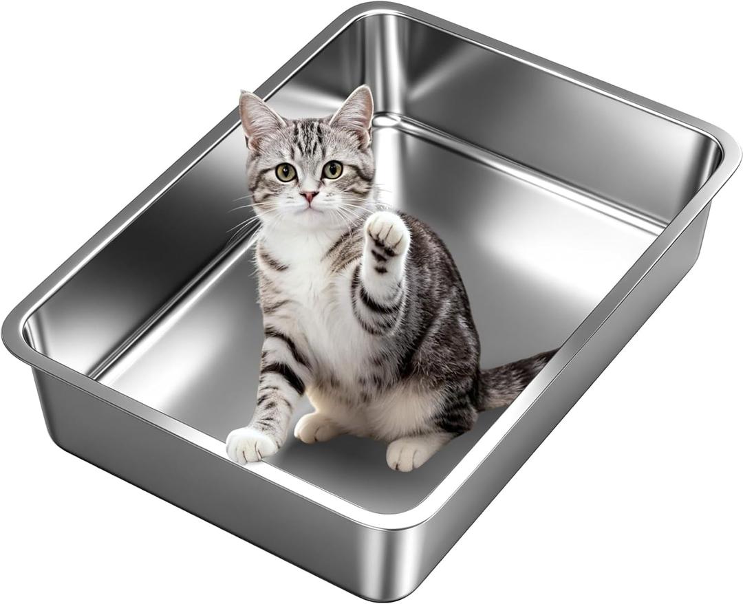 Stainless Steel Cat Litter Box with High Sides, Large Metal Litterbox Pan, Odor-Free & Non-Stick Smooth Surface, Leakproof One-Piece Kitty Litter Tray for Indoor Cats, Kittens, (L)