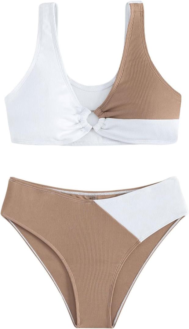 SweatyRocks Girl's Two Piece Color Block Swimsuit V Neck Ribbed Bikini Set Bathing Suit Beachwear White Brown 14Y