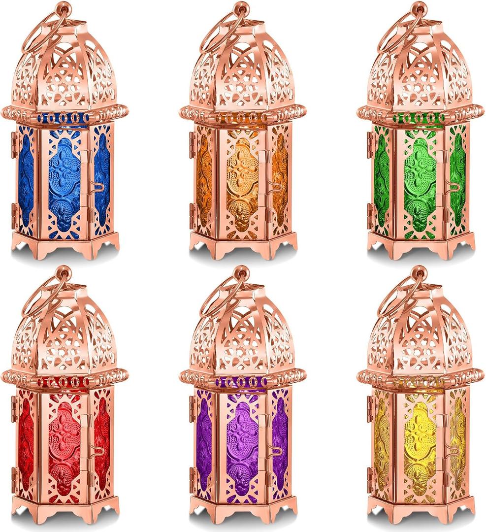Mumufy 6 Pcs Ramadan Lantern Eid Decorations for Home Gold Moroccan Lamp Decor Vintage Lanterns Decorative Eid Mubarak Hanging Candle Lantern for Party Decor (Rose Gold)