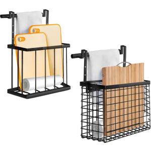 2 Pack Cabinet Door Organizer with Towel Bar, Over The Cabinet Door Storage with Towel Holder for Kitchen Cutting Board,Black