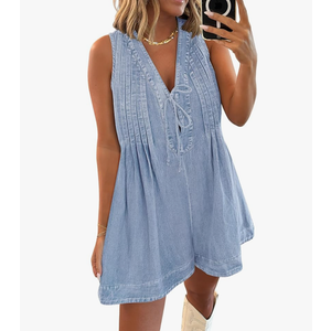 Caracilia Women Oversized Denim Romper Summer Casual V Neck Tie Front Sleeveless Jean Jumpsuits Short Overalls with Pockets Size S
