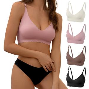 DEANGELMON V Neck Bra Padded Seamless Adjustable Straps Bralettes Everyday Basic Sleeping Bras Multiple Pack (Medium, Black,coffee,pink,white)