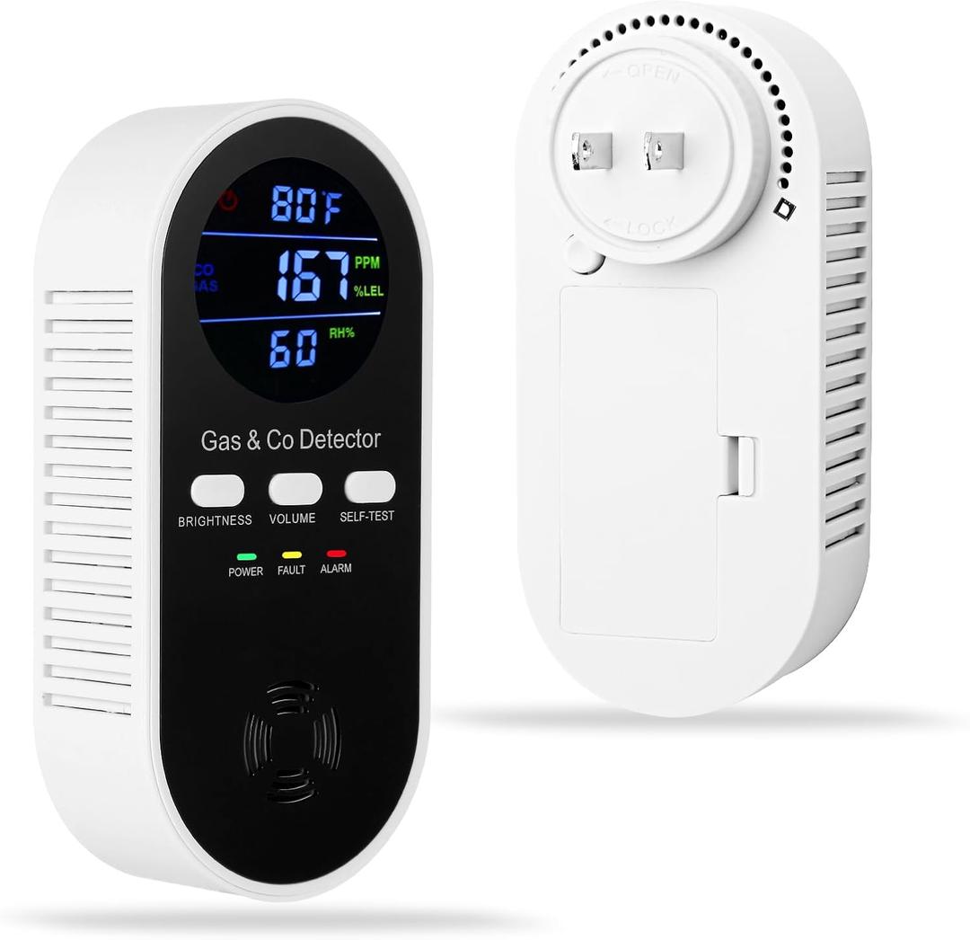 5-in-1 Combination Explosive Gas & Carbon Monoxide Detector,AC-Plug-in Natural Gas,Propane&CO Alarm with Adjustable Volume & Brightness,Battery Backup,Temperature(F)&Humidity Sensor for Home,RV,Hotel